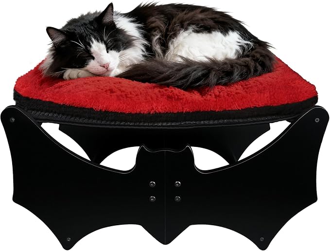 Gothic Cat Bed with Bat Design, Wooden Elevated Cat Beds with Sisal Scratching by GreenPetopia