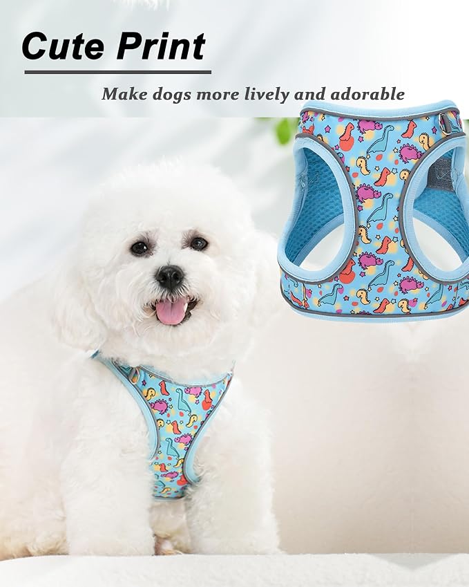 XXS Blue Dinosaur Pattern Dog Harness and Leash Set, No Escape Puppy Harnesses - Image 2