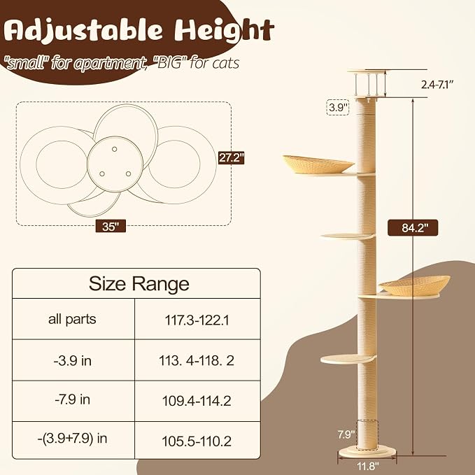 Tinnmao Solid Real Wood Floor to Ceiling Cat Tree, 5 Level Adjustable Height - Image 3