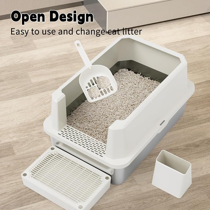 RIZZARI Open Cat Litter Box: Large Beige Stainless Steel Litter Pan 23.8" x - Image 5