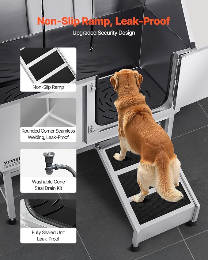 VEVOR Stainless Steel Dog Washing Station, 50 inch Pet Grooming Tub w/Ramp, PE Water Filter Board, Faucet & Showerhead & Soap Holder Dog Bathtub for Large & Medium & Small Pets (Right Door) - Image 3