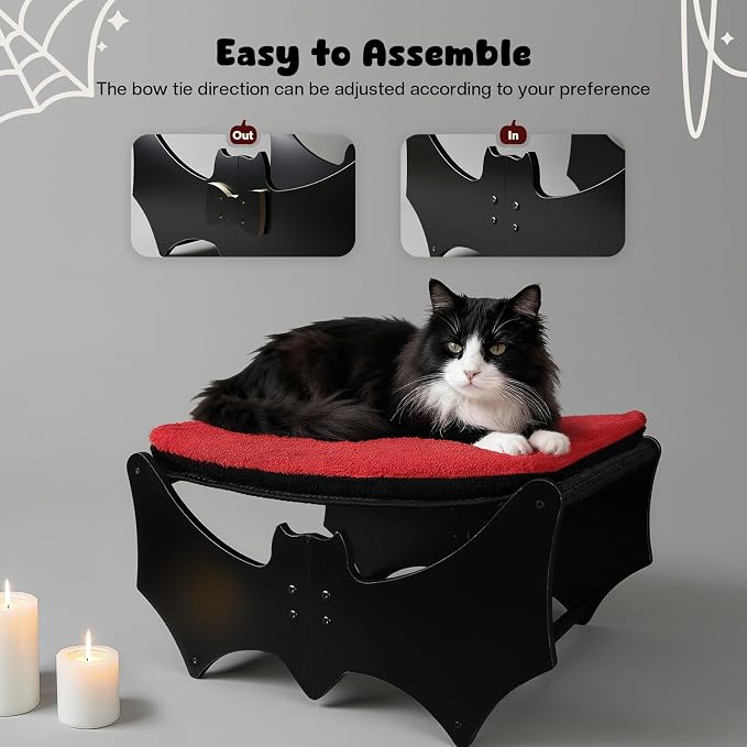 Gothic Cat Bed with Bat Design, Wooden Elevated Cat Beds with Sisal Scratching - Image 7