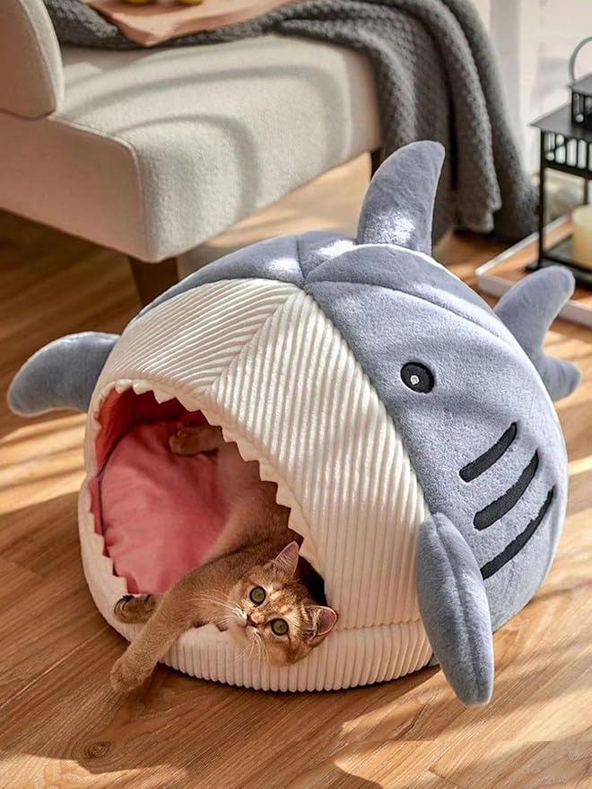 QWINEE Cat Mat Shark-Shaped Kennel Kitten Bed Hideout House Warm Soft - Image 5