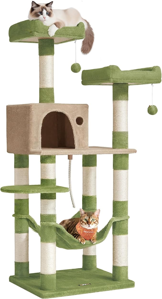 Feandrea Cat Tree, 56.3-Inch Cat Tower, 2 Perches, Grass Green and Camel Brown by FeandreabySONGMICSHOME