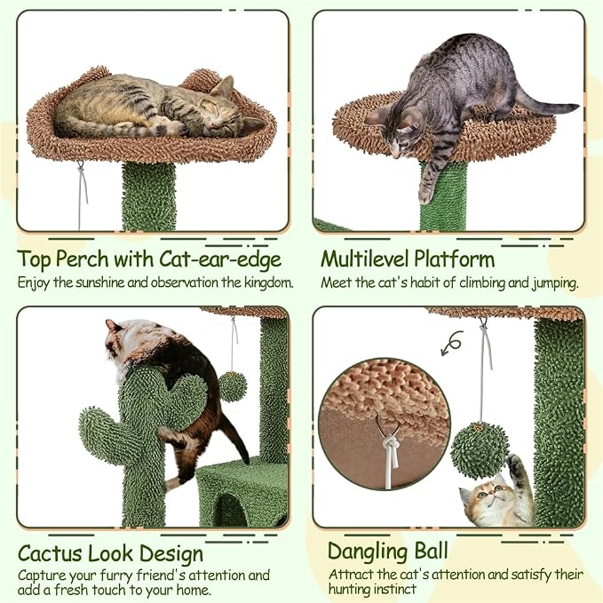 Yaheetech Cactus Cat Tree, 54.5in Tower w/Ramp, Animal-Ear Shaped Perch - Image 5