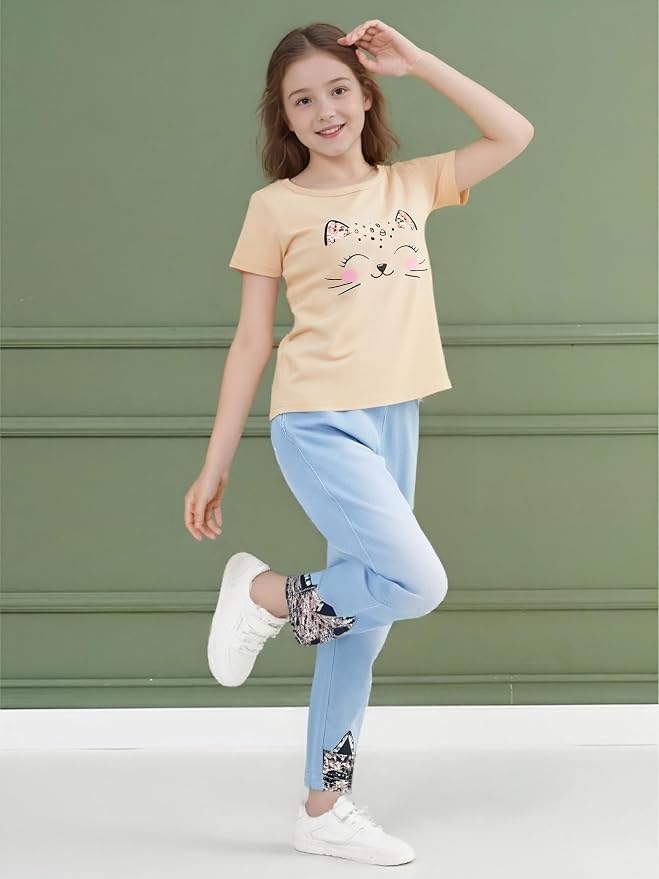 4-8T Toddler Girl Clothes Cat face print Short Sleeve Top+Pants Outfits Girl - Image 5