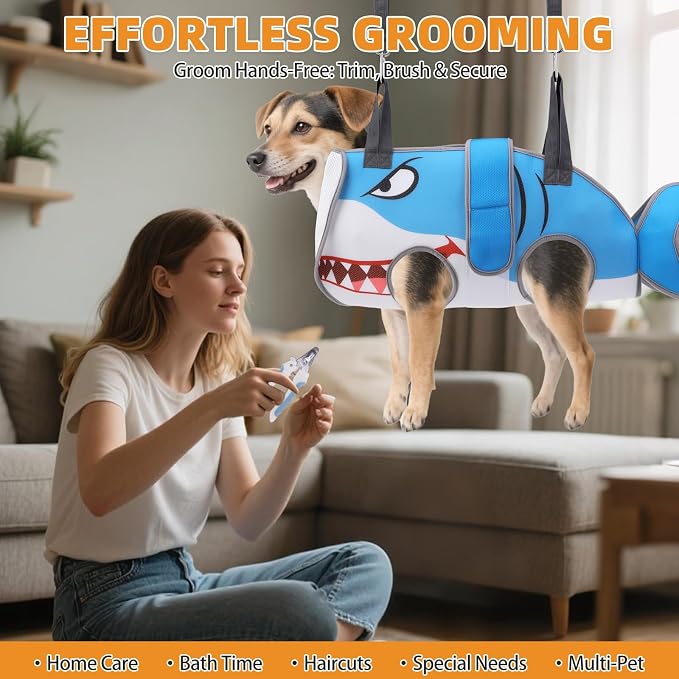 Dog Grooming Hammock for Small Dogs Cats, Cute Shark Design Dog Hanging Harness - Image 8