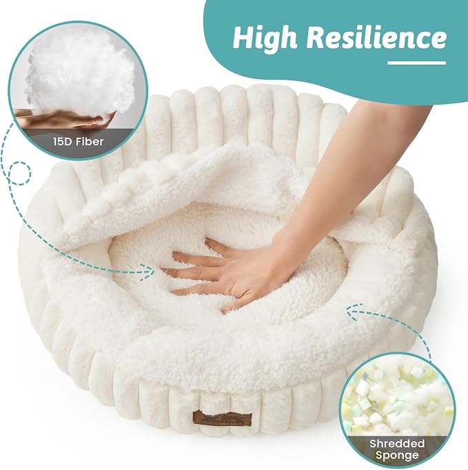Small Dog Bed with Hooded Blanket, Round Fluffy Anti-Anxiety Pet Bed - Image 5