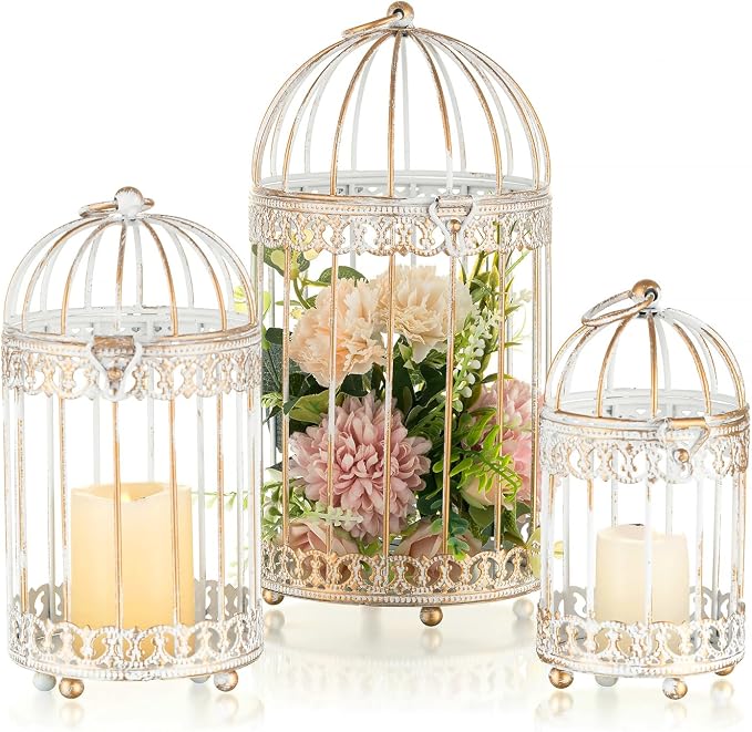 NUPTIO Decorative Candle Lanterns White: 3 Pcs Distressed White Metal Bird Cage by Nuptio