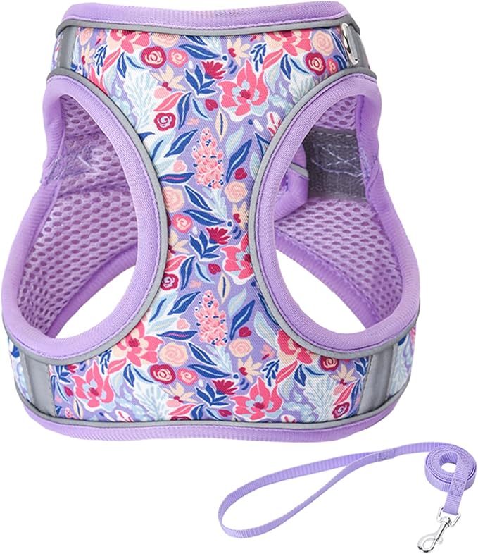 S Light Purple Flower Pattern Dog Harness and Leash Set, No Escape Puppy by Unknown