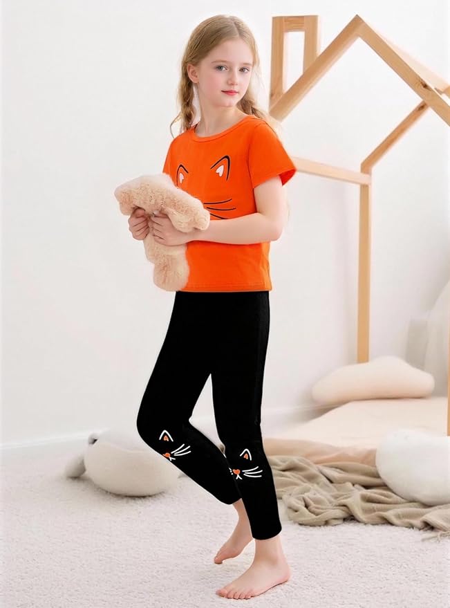 4-8T Toddler Girl Clothes Cat face print Short Sleeve Top+Pants Outfits Girl - Image 2