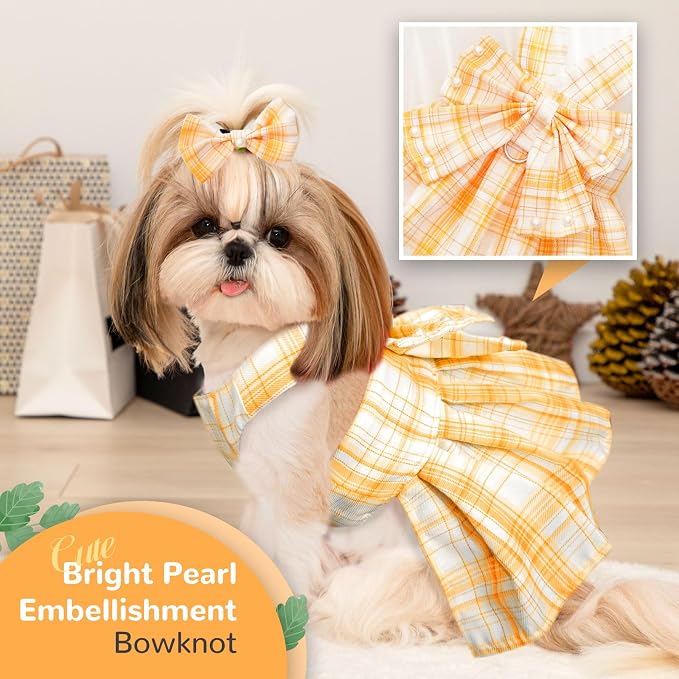 PETCARE Cute Dog Dress Clothes for Small Dogs Cats Girl Female Yellow Plaid Bow - Image 4