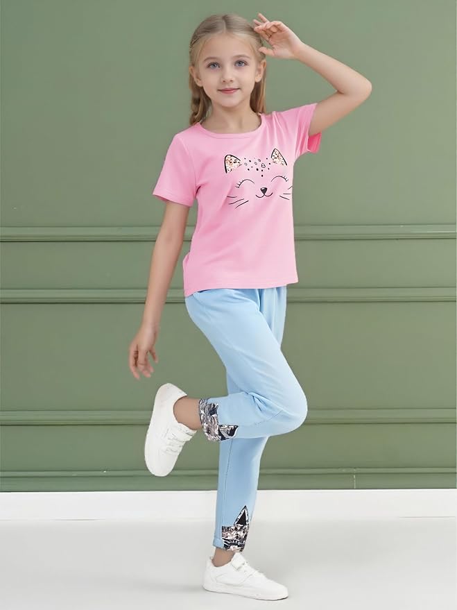 4-8T Toddler Girl Clothes Cat face print Short Sleeve Top+Pants Outfits Girl - Image 5