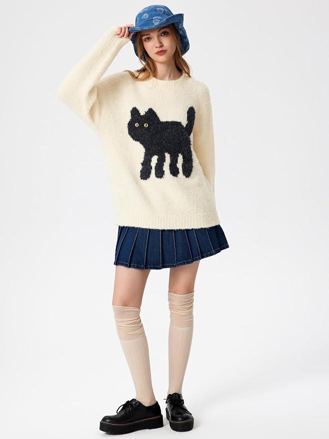CIDER Women’s Cat Sweater Long Sleeve Crew Neck Fun Graphic Cute Patterned - Image 4