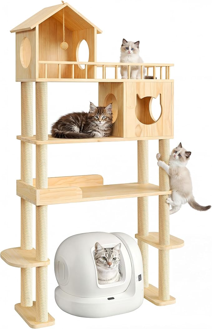 Wood Cat Tree for Automatic Litter Box, 74.4" Tall Cat Tower for Self Cleaning - Image 7