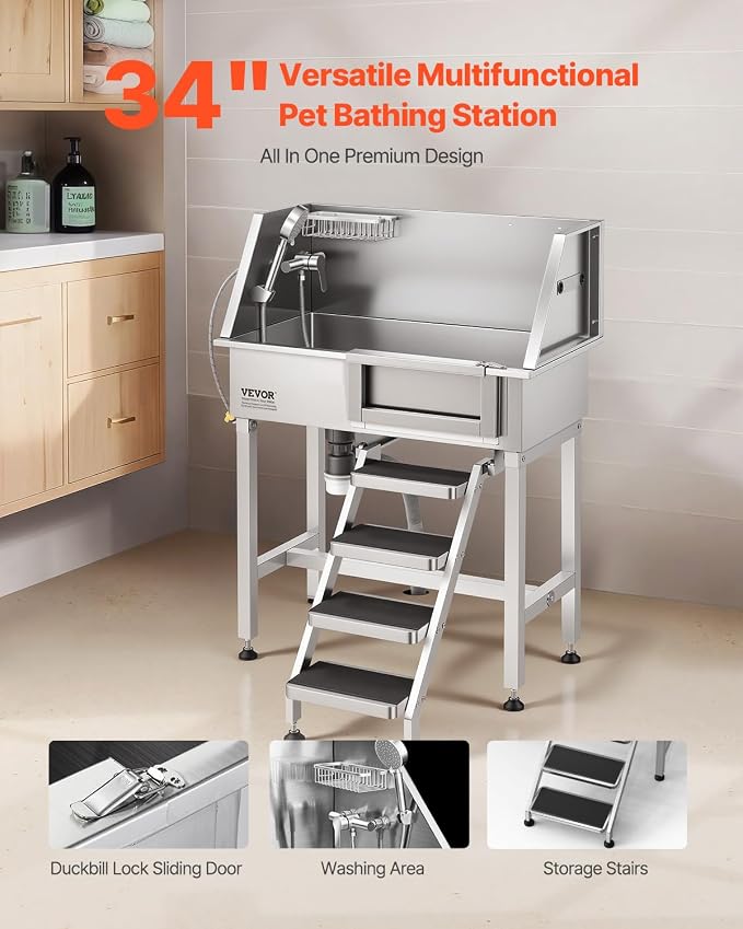 VEVOR Dog Washing Station, 34" Professional Stainless Steel Pet Grooming Tub Bathtub with Shower Faucet Soap Holder Non-Slip Stairs Right Door Easy Clean Pet Wash Sink for Small Dogs Cats - Image 2