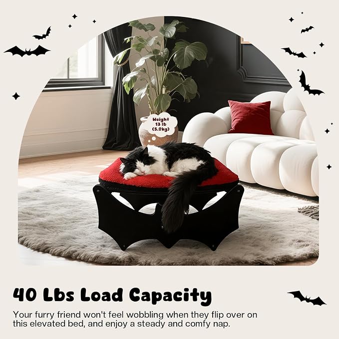 Gothic Cat Bed with Bat Design, Wooden Elevated Cat Beds with Sisal Scratching - Image 2