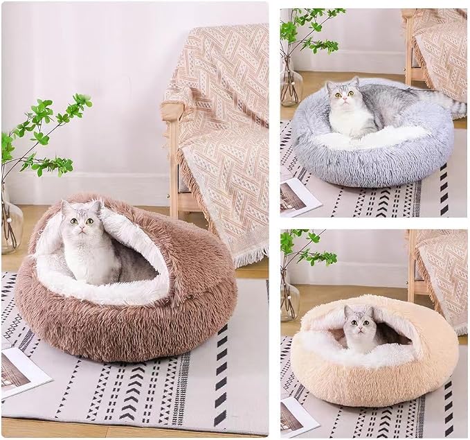 Cat Bed Round Fluffy Hooded Cat Bed Cave, Anti-Anxiety Cave Bed - Image 5