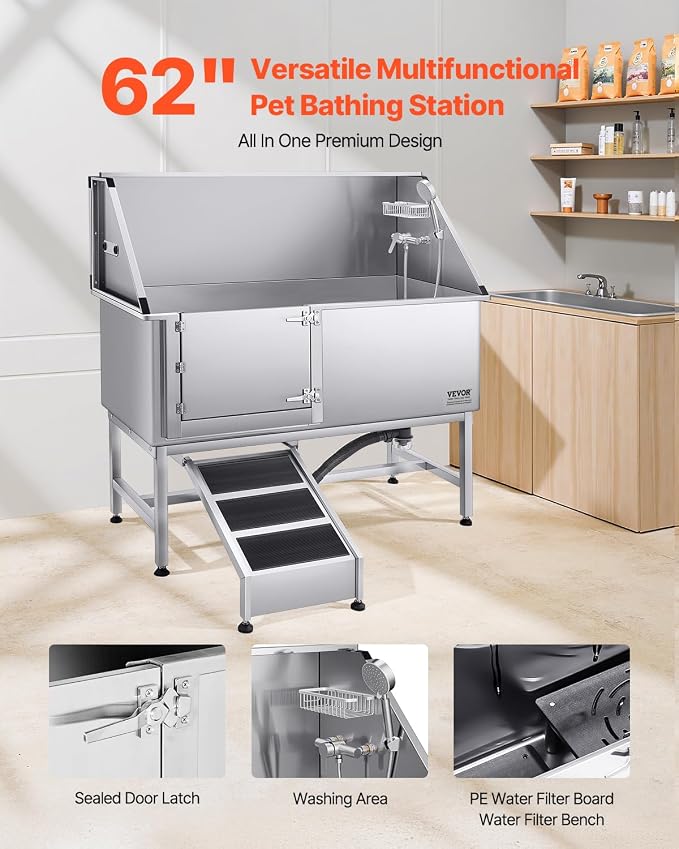 VEVOR Stainless Steel Dog Washing Station, Professional 62 inch Pet Grooming Tub w/Ramp, PE Water Filter Board, Faucet & Showerhead & Soap Holder Bathtub for Large & Medium & Small Pets (Left Door) - Image 2