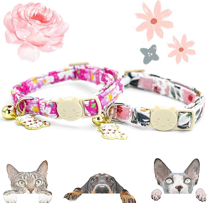 Elegant little tail 2 Pack Cat Collar-Pink Floral Print Cotton Breakaway Cat - Image 4