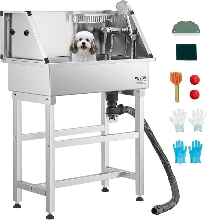 VEVOR Professional Dog Washing Station, 34 Inch Stainless Steel Pet Grooming Tub with Hot & Cold Faucet, Showerhead, Storage Rack, No-Bend All-in-One Bathtub, Home Wash Sink, Fits Small Cats and Dogs by VEVOR