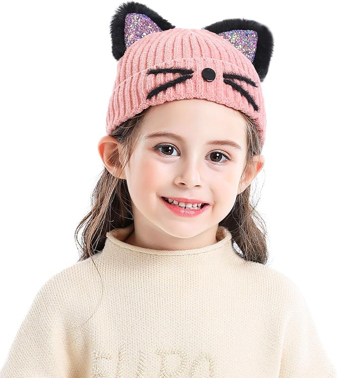 Bellady Mother Children Sequin Cat Ears Hats Warm Knit Crochet Beanies Cute by Bellady
