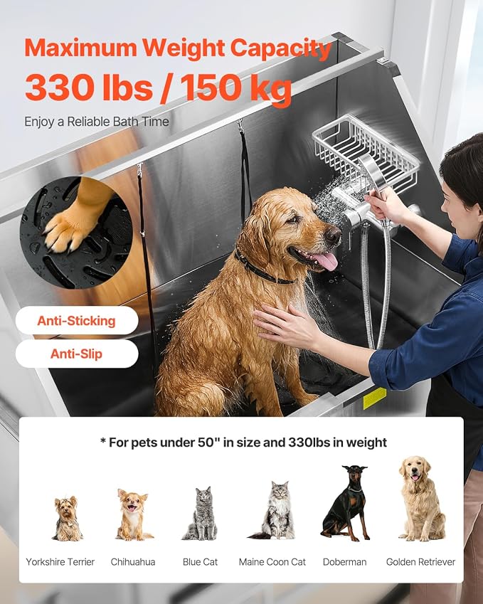 VEVOR Electric Lift Dog Washing Station, 50 inch Professional Stainless Steel Pet Grooming Tub w/PE Water Filter Board, Faucet & Showerhead Dog Bathtub Washing Sink for Multiple Pets (Right Door) - Image 4