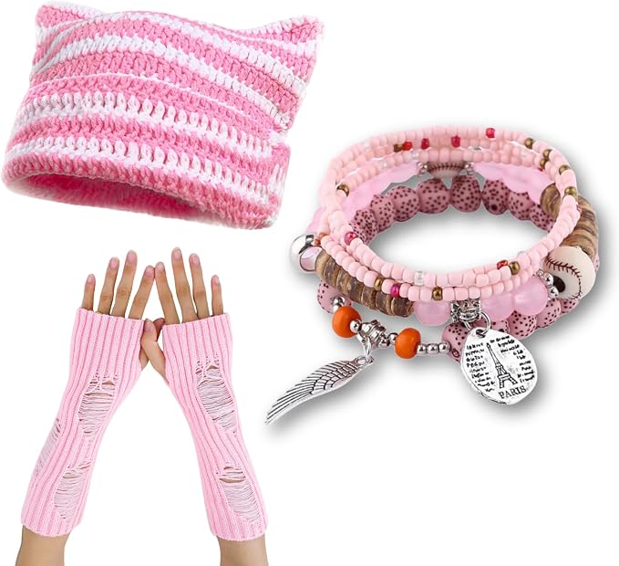 CORIRESHA Therian Emo Clothing Cat Ear Y2k Beanie Grunge Fingerless Gloves by CORIRESHA