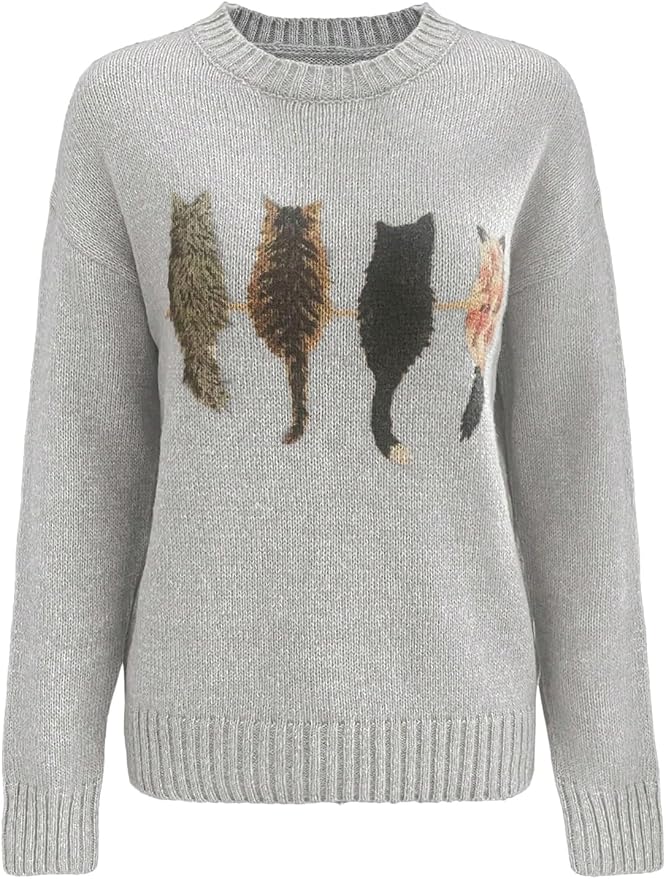 WDIRARA Women's Cat Graphic Sweater Long Sleeve Crew Neck Knit Tops Casual - Image 3