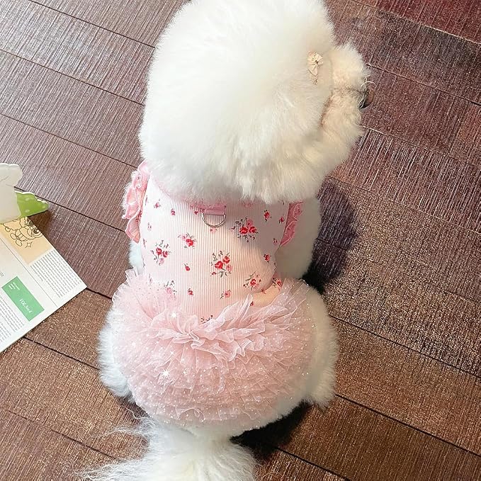 Floral Puppy Dress with D-Ring Ruffled Small Dog Clothes Female Spring Cat - Image 6