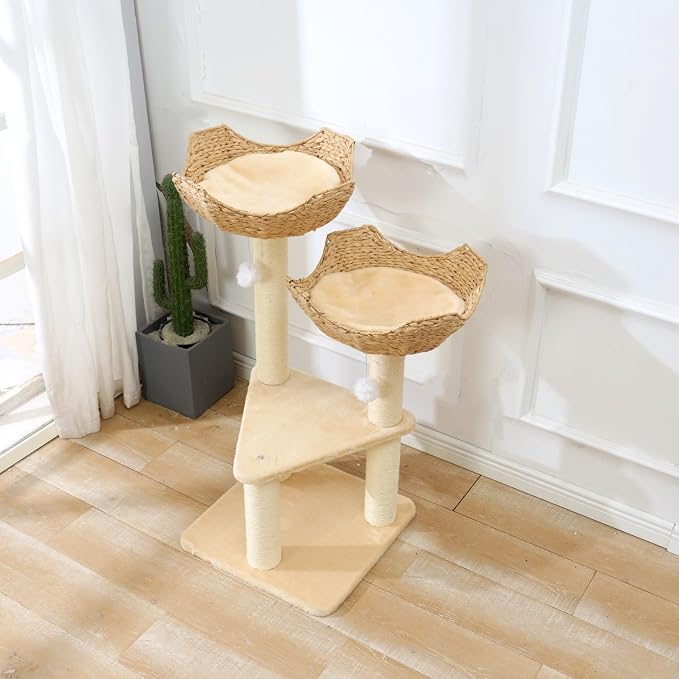 SHENGOCASE Cat Tree Tower with Rattan Wicker Basket, 2 Large Nest Baskets Bed - Image 3