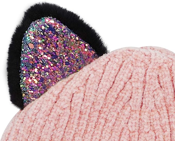 Bellady Mother Children Sequin Cat Ears Hats Warm Knit Crochet Beanies Cute - Image 6