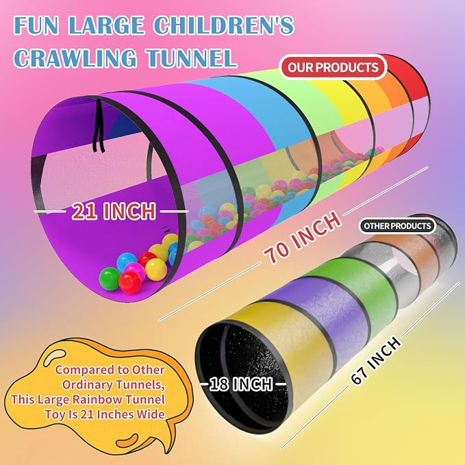 Kids Play Tunnel for Toddlers 70 x 21 Inch Colorful Pop-Up 1-3 Baby Crawling - Image 2