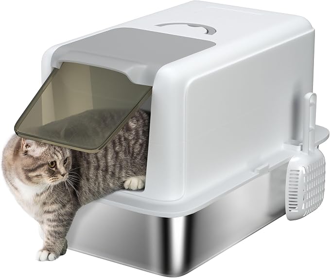 PawHut Stainless Steel Cat Litter Box, Extra Large 2 in 1 Metal Kitty Litter Pan by PawHut