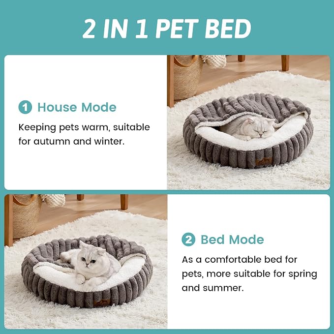 Cat Bed with Hooded Blanket, Round Fluffy Anti-Anxiety Pet Bed - Image 3