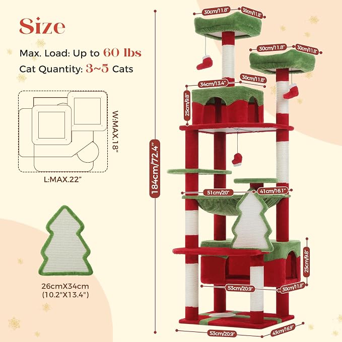 PAWZ Road Christmas Cat Tree, 72 Inches Tall Cat Tower - Image 2