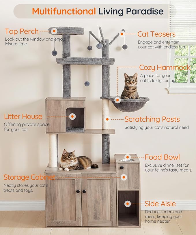 HOOBRO Cat Tree with Litter Box Enclosure, 68.9" H Cat Tower with Food Bowl and - Image 7