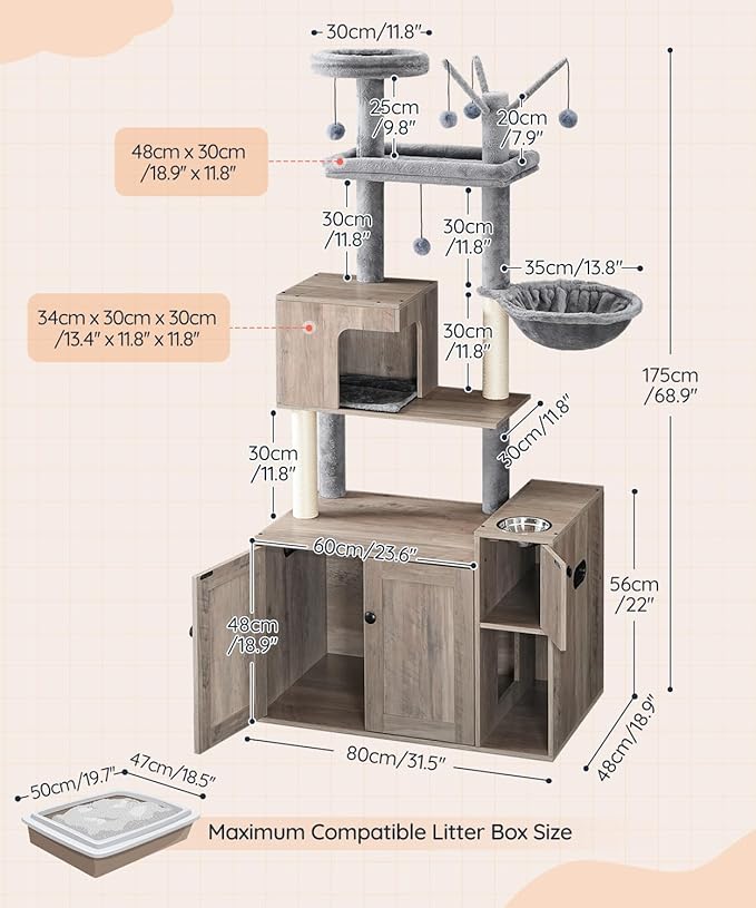 HOOBRO Cat Tree with Litter Box Enclosure, 68.9" H Cat Tower with Food Bowl and - Image 9
