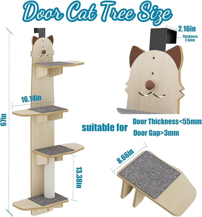 Door Hanging Cat Shelf, 67 Inch Over The Door Cat Tree, 4 Levels of Jumpable - Image 2
