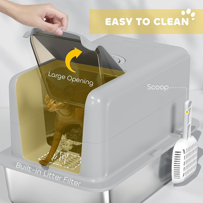 PawHut Stainless Steel Cat Litter Box, Extra Large 2 in 1 Metal Kitty Litter Pan - Image 4