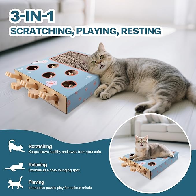 PAWISE 3-in-1 Interactive Cat Toy, Whack-A-Mole Cat Puzzle & Cat Scratching - Image 4