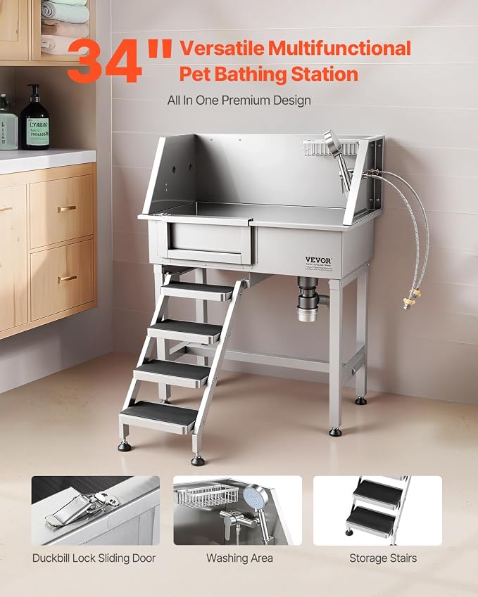 VEVOR 34" Dog Washing Station Professional Stainless Steel Pet Grooming Tub Bathtub Dog Wash Sink with Shower Faucet Soap Holder Non-Slip Stairs Easy-Clean for Small Dogs Cats Left Door - Image 2