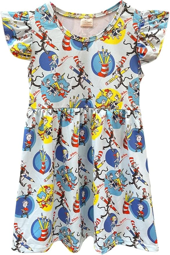 Baby Girls Spring Summer Cat in The Hat Dress Girls Flutter Sleeve Boutique - Image 2