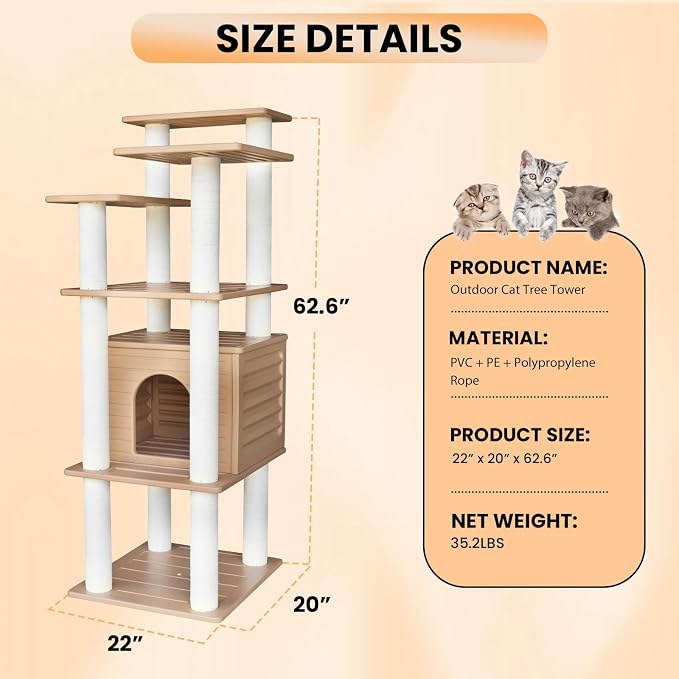 62” Tall Cat Tree for Outdoor and Indoor Cats, Weatherproof Large Outdoor Cat - Image 7