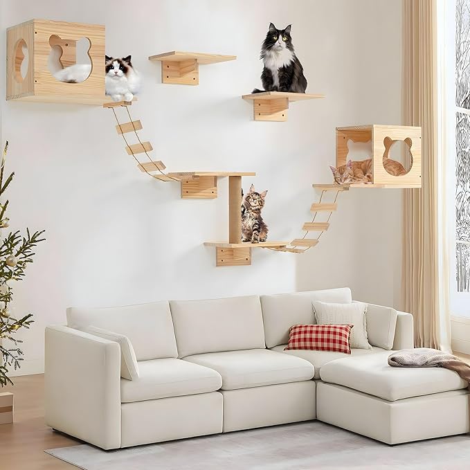 Cat Wall Shelves and Perches, Pine Wooden Cat Wall Furniture Climbing Shelves by PETKABOO