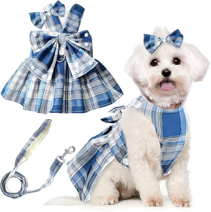 PETCARE Cute Dog Dress Clothes for Small Dogs Cats Girl Female Blue Plaid Bow by PETCARE