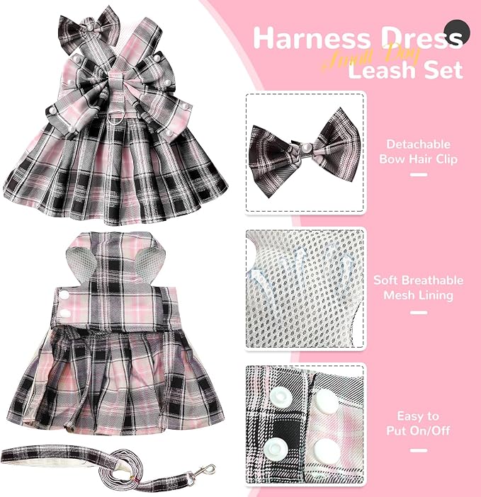 PETCARE Cute Dog Dress Clothes for Small Dogs Cats Girl Female Pink Plaid Bow - Image 5