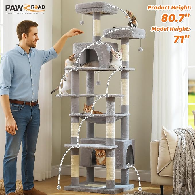 PAWZ Road Heavy Duty Cat Tree for Large Cats, 81 Inches Tall Cat Tower - Image 7