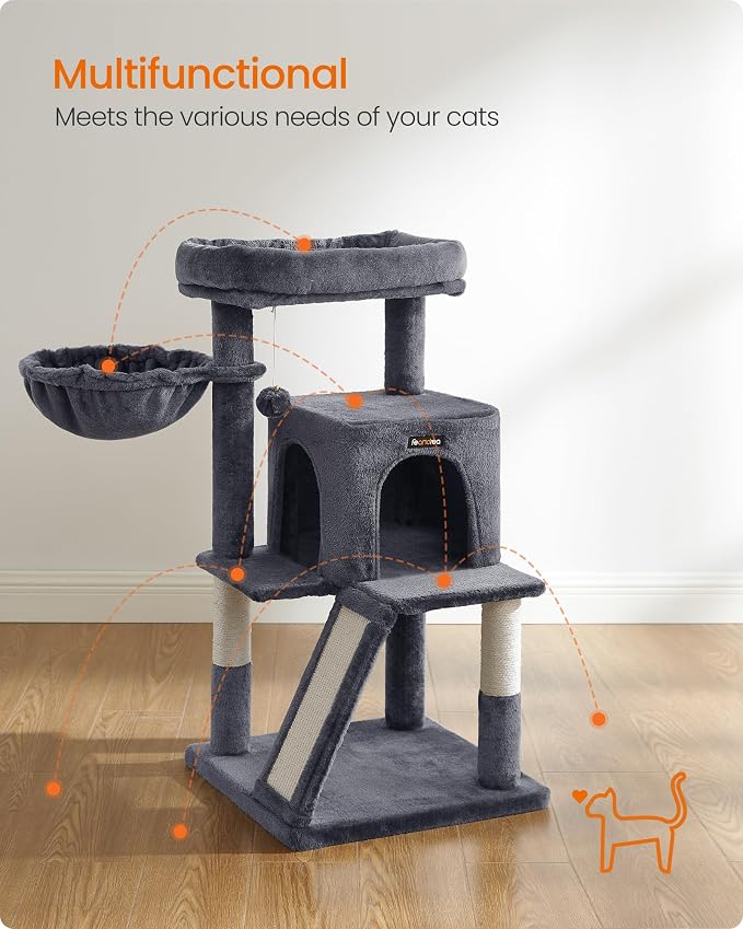 Feandrea Cat Tree, 37.8-Inch Cat Tower, Scratching Posts and Ramp, 2-Door Cave - Image 3