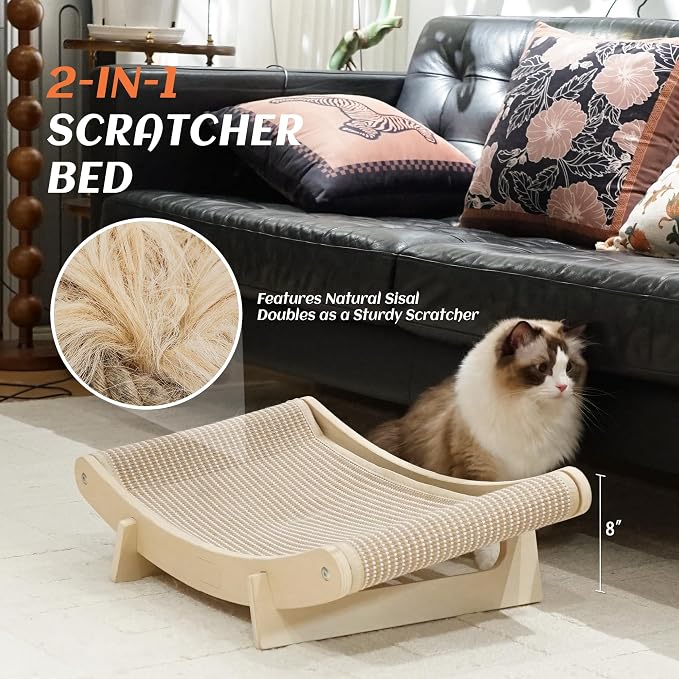 PETKARAY Inclined Sisal Cat Scratcher Bed, Curved Wooden Cat Hammock Chair - Image 4